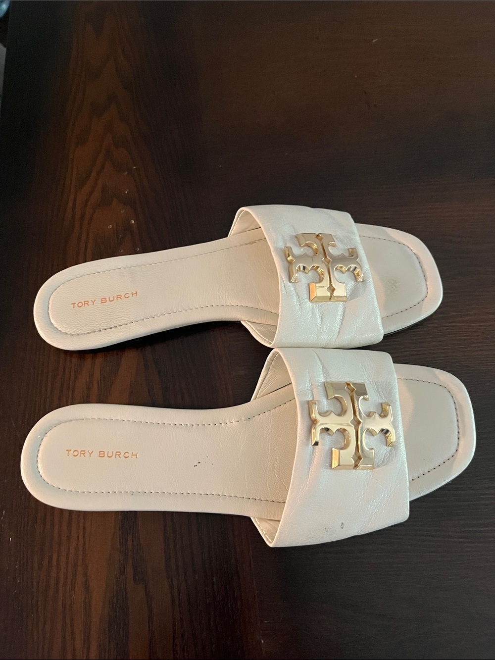 Tory Burch Cream Slide Sandals with Gold Logo Emblem